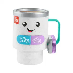 Taza infantil con cara sonriente, colores vibrantes y letras educativas para aprender jugando.