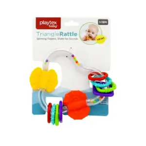 Sonajero triangular para bebés de 1 a 18 meses, con colores vibrantes y sonidos estimulantes.