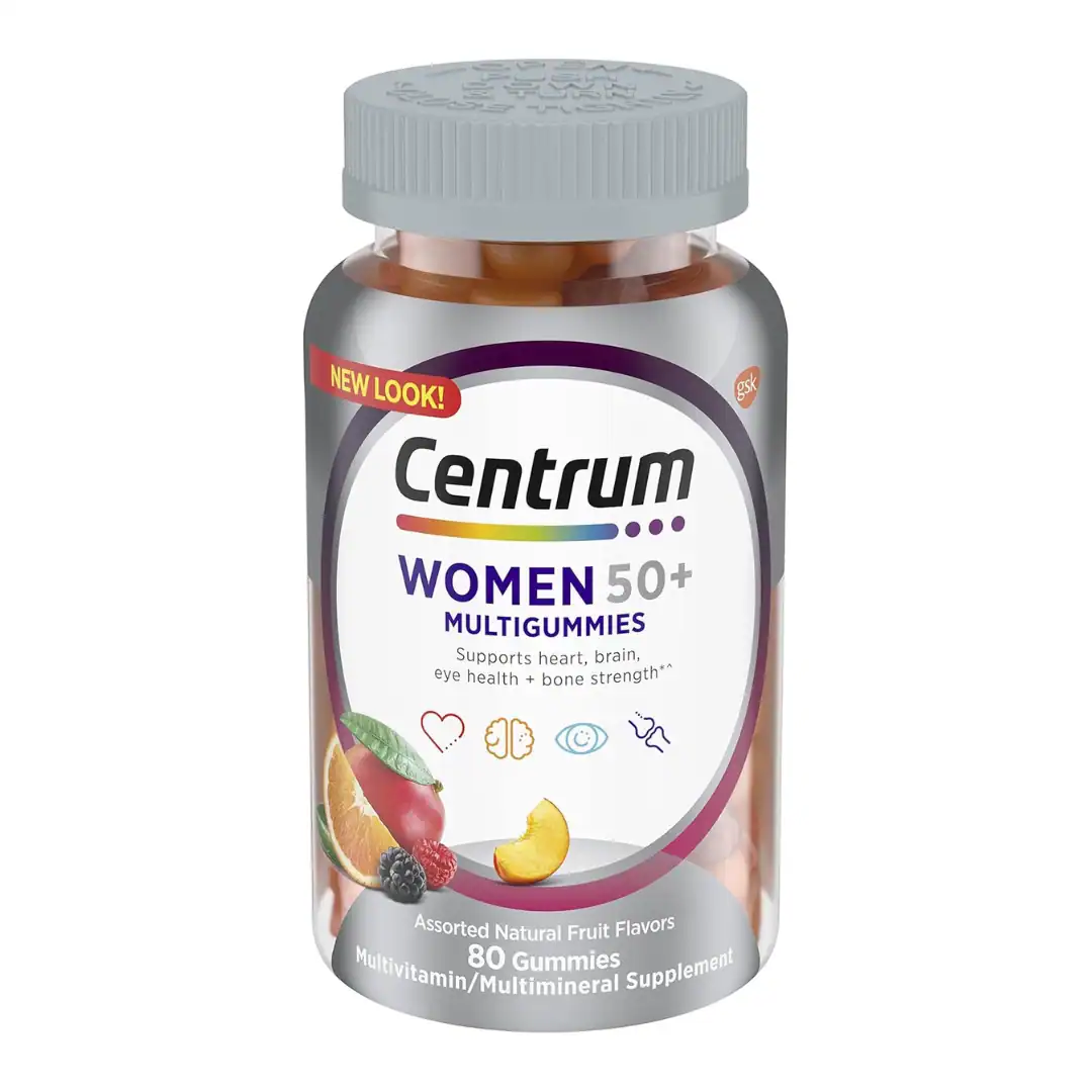 Suplemento multivitamínico para mujeres 50+ en gomitas, apoya salud del corazón, cerebro y huesos.
