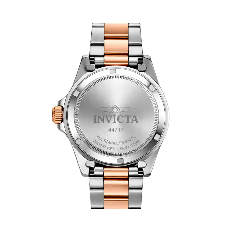 Reloj Invicta de acero inoxidable y oro rosa, resistente al agua y con diseño elegante. Perfecto par.