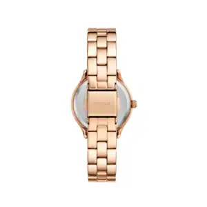 Reloj Fossil de pulsera en acabado dorado rosado, diseño elegante y moderno.