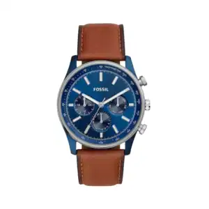 Reloj Fossil BQ2512 con esfera azul y correa de cuero marrón, ideal para estilo elegante y casual.