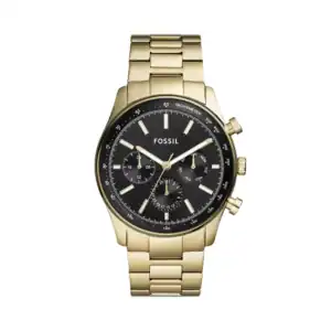 Reloj Fossil BQM2855 con esfera negra y pulsera dorada, estilo elegante y moderno.