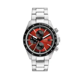 Reloj Fossil BQ2895 con esfera roja, cronógrafo y correa de acero inoxidable, ideal para estilo casu.