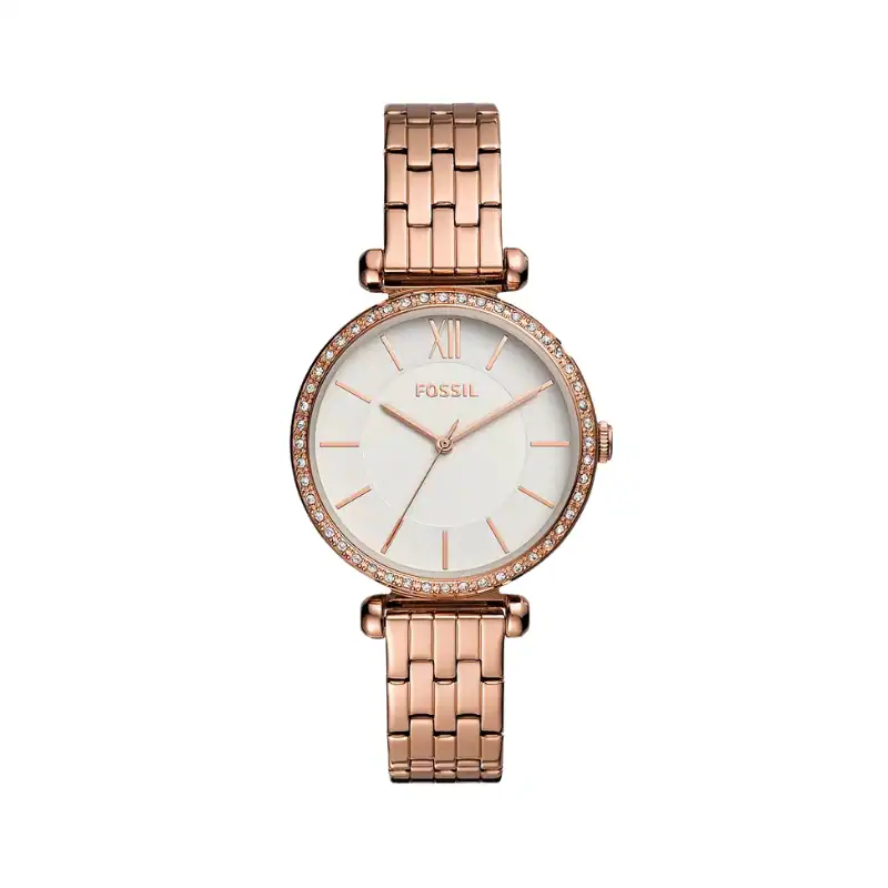 Reloj Fossil BQ3497 con esfera clásica y pulsera de acero rosa, ideal para complementar tu estilo di.