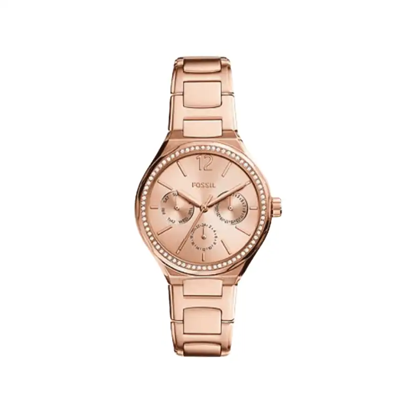 Reloj Fossil BQ3721 en acabado dorado rosa, con diseño sofisticado y detalles brillantes. Perfecto p.