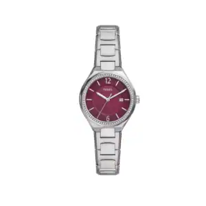 Reloj Fossil BQ3906 con esfera burdeos y pulsera de acero inoxidable, ideal para un estilo sofistica.