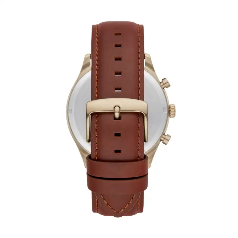 Reloj de pulsera con correa de cuero marrón y esfera clásica, ideal para estilo elegante y casual.