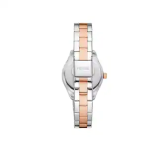 Reloj Fossil de pulsera de acero y oro rosa, elegante y moderno, ideal para mujer.