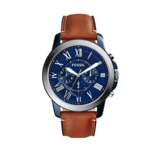 Reloj Fossil FS5151 con esfera azul y correa de cuero marrón, ideal para un estilo sofisticado y cas.