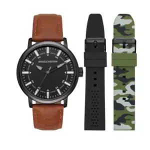 Reloj Skechers SR9030 con correa de cuero y correas adicionales de silicona y camuflaje.